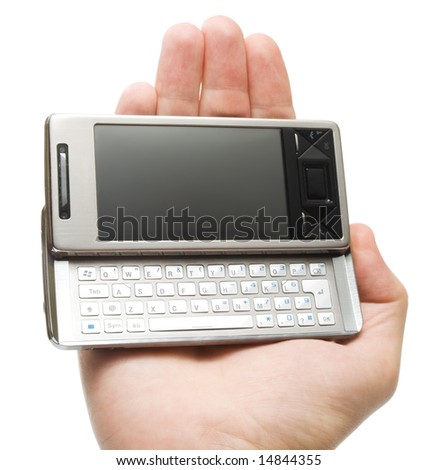 Pda with querty keyboard in hand, isolated