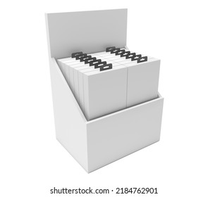 PDQ Display With Packaging Box Mock Up. White POS Display Stand For Supermarket. Packaging Display Tray Angles View. 3D Render Illustration. 