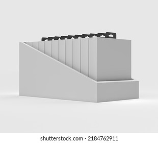 PDQ Display With Packaging Box Mock Up. White POS Display Stand For Supermarket. Packaging Display Tray Angles View. 3D Render Illustration. 