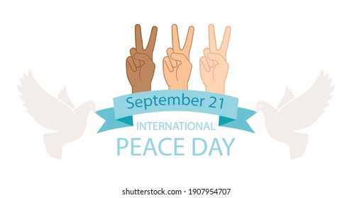 Peace day poster. International hands gesture, humanity and kind. Doves or pigeons with ribbon. background - Powered by Shutterstock