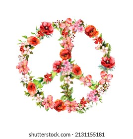 Peace  pacifism sign and poppy flowers  grass   leaves  Antiwar watercolor illustration and not war floral symbol