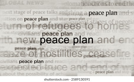 Peace plan and negotiations for end the war headline news across international media. Abstract concept of news titles on noise displays. TV glitch effect 3d illustration.