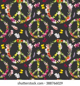 Peace sign with flowers, butterflies and feathers in hippy style. Seamless pattern at black background. Watercolor