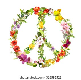 Peace Sign With Flowers For Peace Day. Watercolor