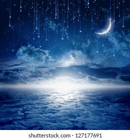 Peaceful Background, Blue Night Sky With Moon, Stars, Beautiful Clouds, Glowing Horizon