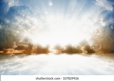 Peaceful background - bright sun shines, beautiful sky with reflection in water - heaven
