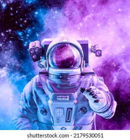 Peaceful Galaxy Astronaut - 3D Illustration Of Man In Space Suit Inside Softly Glowing Pink And Blue Galactic Cloud