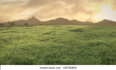 Peaceful meadow at sunset / sunrise with cloudy sky and mountains in the horizon. 3d illustration.