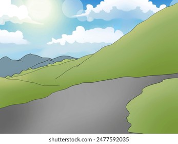 Peaceful mountain landscape illustration with rolling green hills, a winding road, and a bright sunny sky with white clouds. Nature, outdoor adventure, and scenic travel, Cartoon Background - Powered by Shutterstock