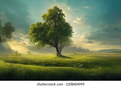 Peaceful Nature Scene With A Giant Tree Digital Art Illustration