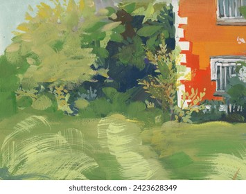 A peaceful painting of a house nestled amongst tall trees. Lush green grass leads up to a stone path winding towards the front door. Sunlight filters through the leaves, casting dappled shadows. - Powered by Shutterstock