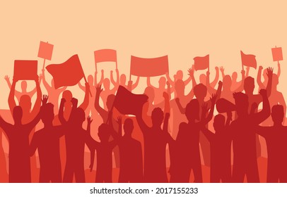 Peaceful Protest And Revolution. Silhouette Of Riot Protesting Crowd Demonstrators With Banners And Flags. People On The Meeting, Crowd With Banners.  Illustration Of Conflict