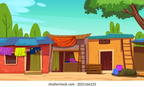 Peaceful slums, poor villages in the morning. Ghetto street with poor dirty houses. Empty shantytown and poverty concept. Art, cartoon, illustration, background