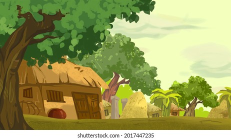 Peaceful Village In Asia With Cottages, Straw, Luxuriant Trees, Blue Sky And Quiet Scenery. Art, Cartoon, Illustration, Background