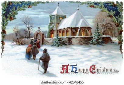 A Peaceful Winter Scenic. Going To Church On Christmas Eve - A 1911 Vintage Xmas Card Illustration