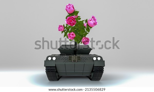 a peacetime tank with flowers in the gun\
barrel (3d rendering)