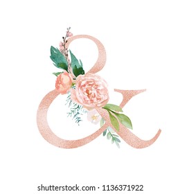 Peach Cream / Blush Floral Alphabet - ampersand & with flowers bouquet composition. Unique collection for wedding invites decoration & other concept ideas.