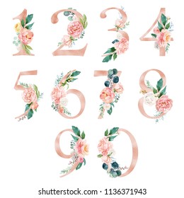 Peach cream / Blush Floral Number Set - digits 1, 2, 3, 4, 5, 6, 7, 8, 9, 0 with flowers bouquet composition. Unique collection for wedding invites decoration & other concept ideas.