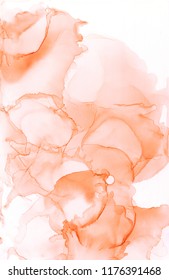 Peach ink abstract background.Alcohol ink texture. Mixing fluid peach and pink colours on white background.