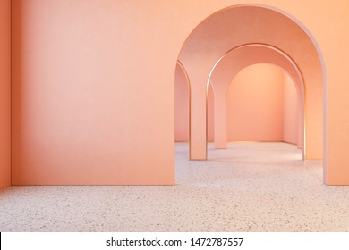 Peach pink coral interior with archs and terrazzo floor. 3d render illustration mock up
