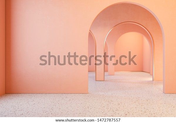 Peach pink coral interior with archs\
and terrazzo floor. 3d render illustration mock\
up