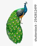 Peacock bird illustration, animal digital paint drawing. Illustration of elegant peacock bird sticker design on white background. Peacock bird animal paint illustration