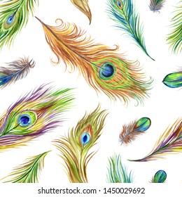 Peacock feather seamless pattern white background  bright watercolor print for fabric   other designs 