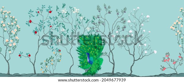 Peacock in the garden. Chinoiserie Vintage floral illustration for wallpaper, fabric, poster, print. Mural. Bloom. Seamless background with exotic birds and flowers