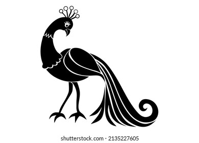 Peacock stencil design black doodle print, engraved retro pattern  decorative design tattoo black and white filigree calligraphic.