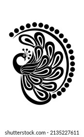 Peacock stencil design black doodle print, engraved retro pattern  decorative design tattoo black and white filigree calligraphic.