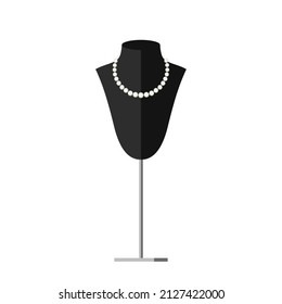 Pearl Necklace On A Jewellery Necklace Bust. Flat Jewellery Illustration.