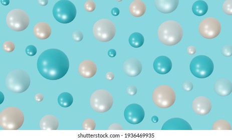 pearl-like blue beach tone pastel balls floating in the air, colorful bubbles on bright blue background, festive concept, 3d illustration