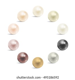 Pearls set isolated on white background. Beautiful shiny natural pearls. Nacreous and iridescent. With transparent glares and highlights for decoration. Vector Illustration for your design