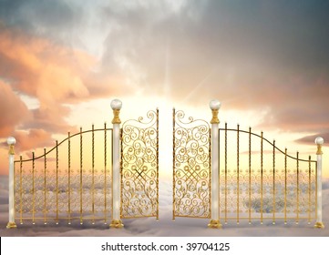Pearly gates of heaven opening to a high altitude sunrise between two layers of clouds in a landscape orientation