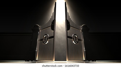 The pearly gates of heaven spotlit from above by an ethereal light on a dark moody background - 3D render