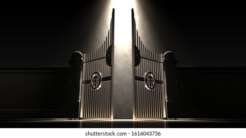 The pearly gates of heaven spotlit from above by an ethereal light on a dark moody background - 3D render