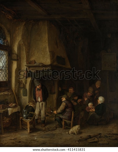 内部の農民 エイドリアン ヴァン オスタード 1661年オランダ絵画 銅油絵 暖炉の近くでは 3人の男性と女性が子どもの頃に会話をし 犬を食べて遊ぶ 大人の多く のイラスト素材