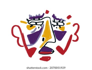 Peculiar Sceptically Human Abstract Portrait Furious With Big Eye, Nose And Hear With Primary Color Painting Line With Big Line And Color Painting Cubist Movement. Aesthetic Painting With Deep Color.