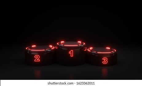 Pedestal For Award Ceremony, Winners Podium With Red Neon Light - 3D Illustration