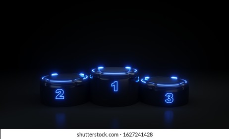 Pedestal For Award Ceremony, Winners Podium With Blue Neon Light - 3D Illustration