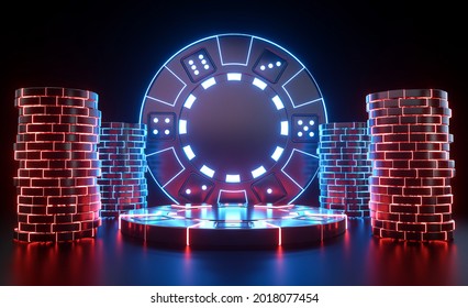 Pedestal Casino Chip And Chips, Modern Futuristic Red And Blue Neon Lights. Isolated On The Black Background.  - 3D Illustration	
