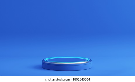 Pedestal With Glowing Light Circle On Blue Background, Blank Pedestal Minimal Concept Template - 3d Rendering Mockup