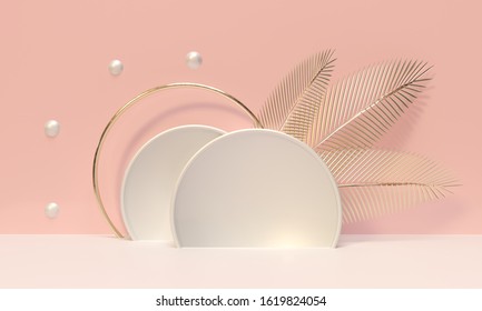 Pedestal and niche. Palm trees leaves gold glitter. 3d render illustration. Podium for brand promotion product. Creative pink background for advertising presentation. Stand base mockup