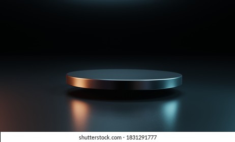 Pedestal Of Platform Display With Fly Black Stand Podium On Dark Room Background. Blank Exhibition Or Empty Product Shelf. 3D Rendering