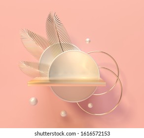 Pedestal, Shelf And Niche. Palm Trees Leaves Gold Glitter. 3d Render Illustration. Podium Steps For Brand Promotion Product. Creative Pink Background For Advertising Presentation. Stand Base Mockup