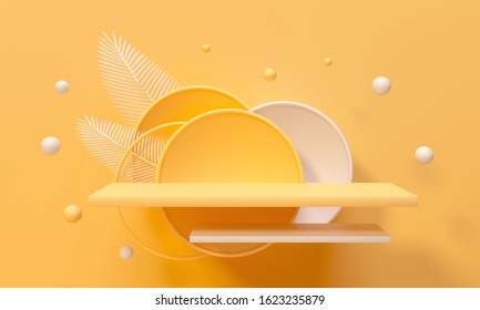 Pedestal, Shelf And Niche. Palm Trees Leaves Topical Juicy. 3d Render Illustration. Podium Steps For Brand Promotion Product. Creative Yellow Background For Advertising Presentation. Stand Base Mockup