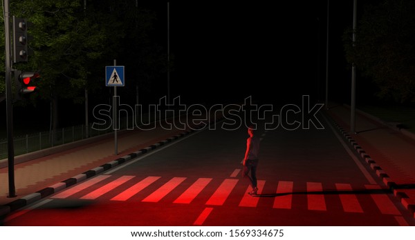 A pedestrian crosses\
the road on an unlit street at night at a red traffic light. A man\
violates the rules of the road and creates an emergency on the\
road. 3D rendering