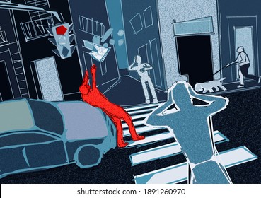 A Pedestrian Crosses The Road With A Red Light But Is Hit By A Car