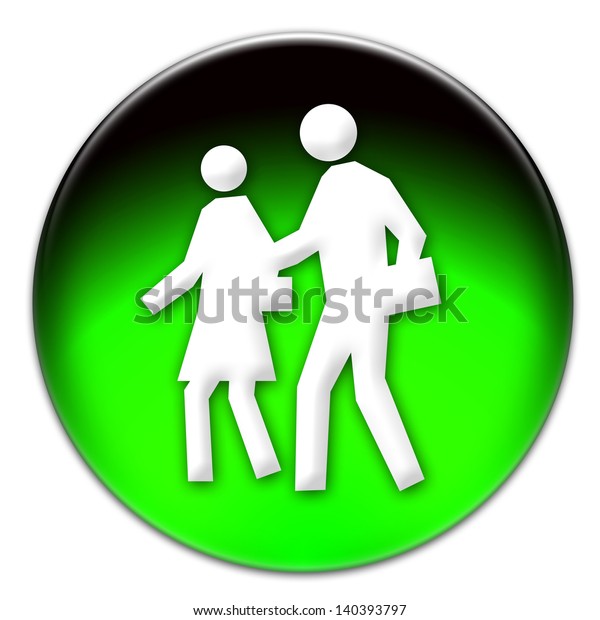 Pedestrians crossing the street sign on\
a green glassy button isolated over white\
background