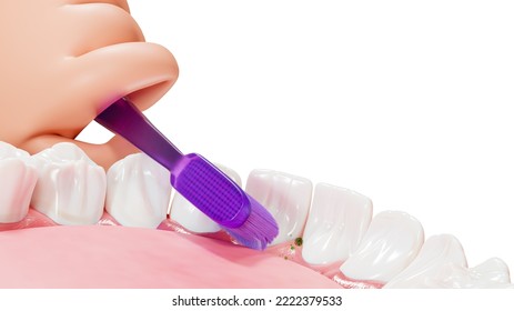 Pediatric dentistry. Teeth cleaning, oral hygiene, 3d Rendering. Teeth and a hand with a toothbrush, inside view. Proper dental cleaning technique, children's illustration. - Powered by Shutterstock